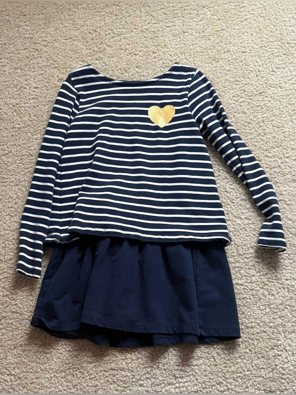 Girls Navy Stripe Dress with Gold Heart Accent